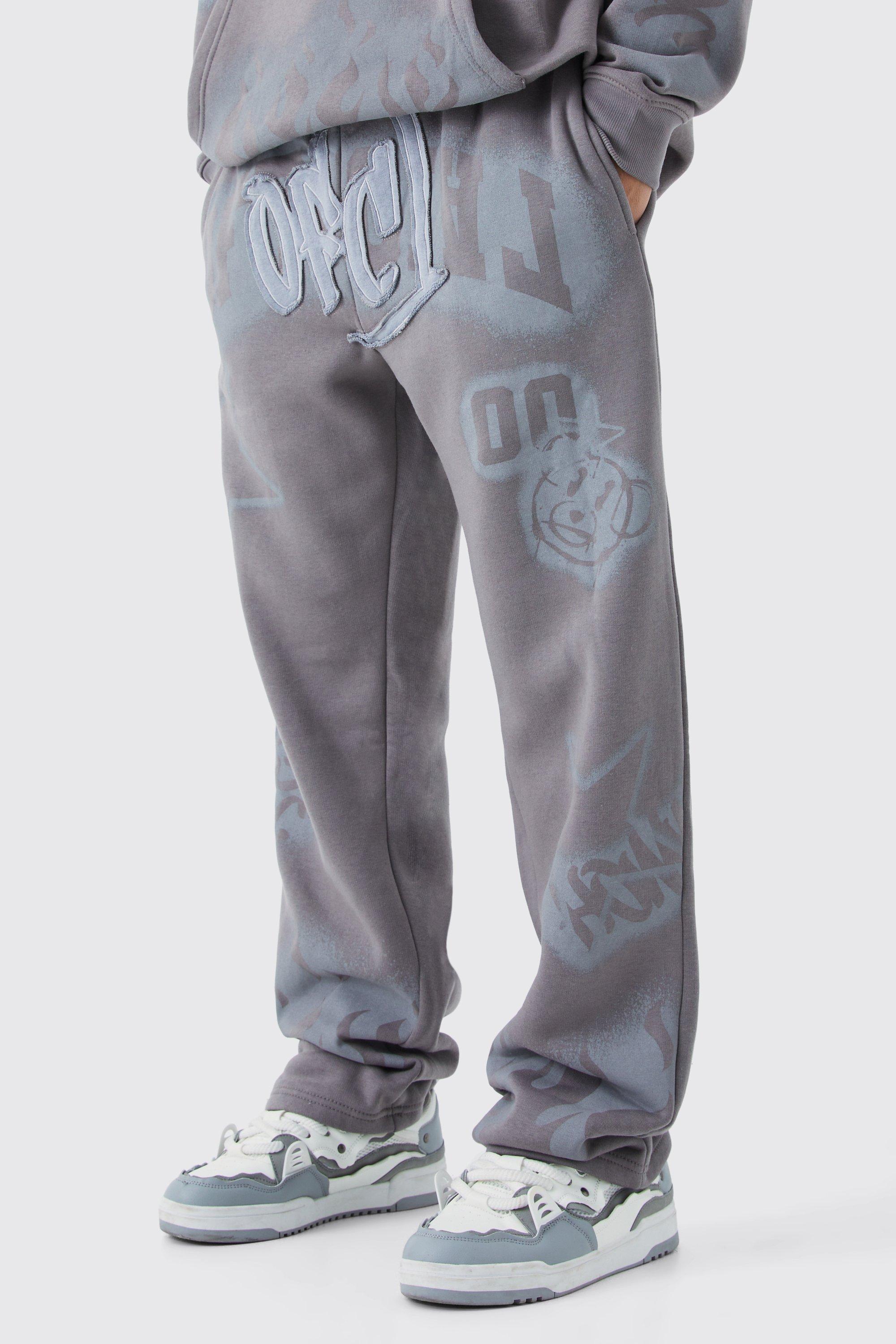 Mens Grey Relaxed Graffiti Applique Joggers, Grey